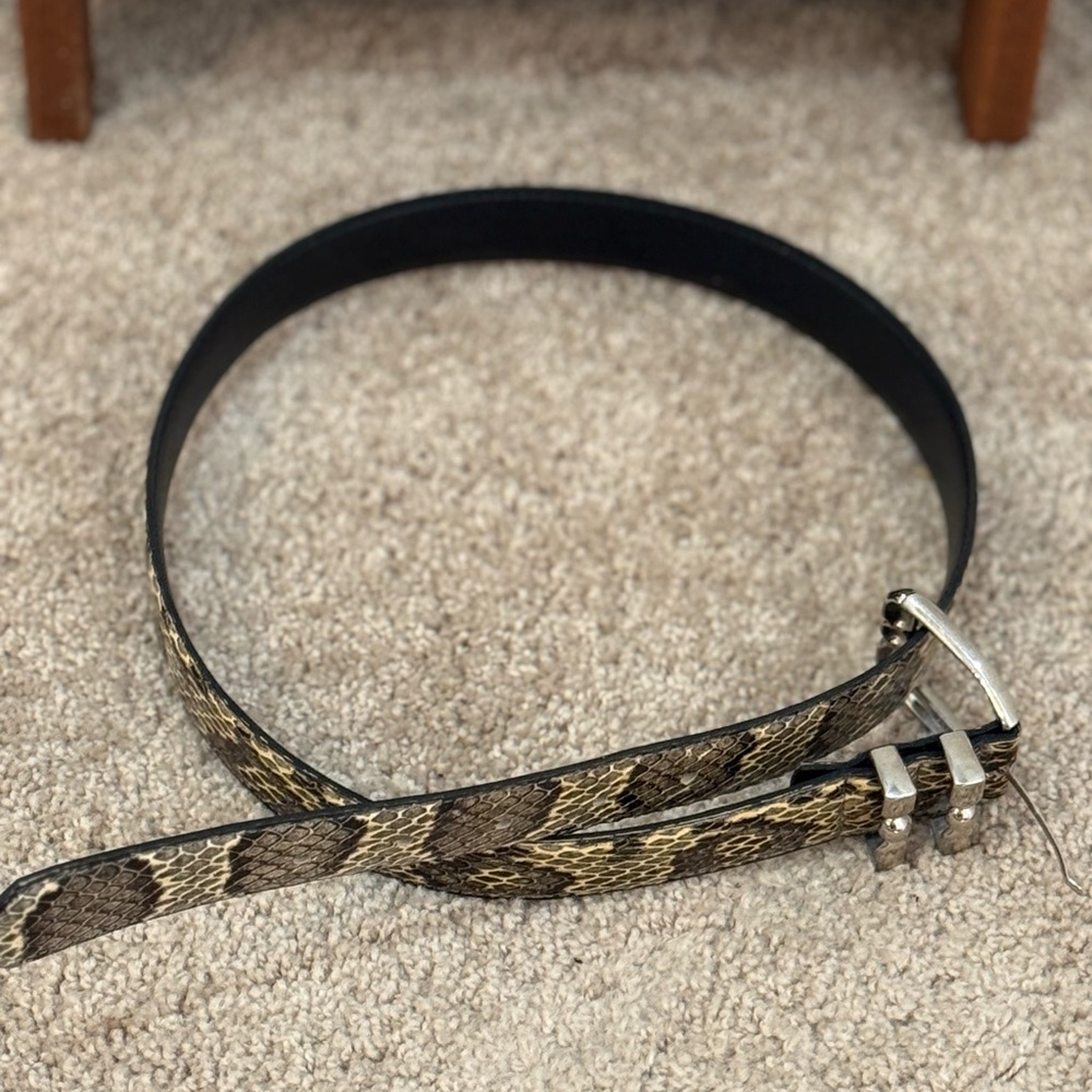 Snake Print Leather Belt with Silver Buckle